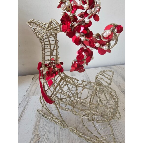Pier 1 metal glitter gold sequin reindeer deer red decor centerpiece sparkle - Picture 7 of 11